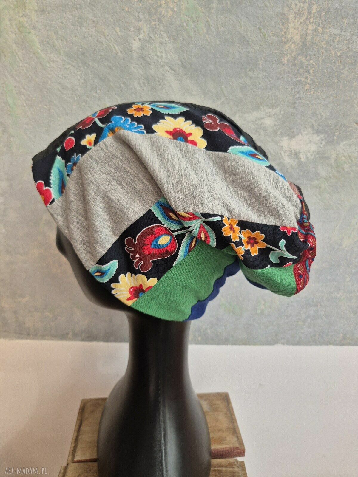 Kolorowa czapka patchworkowa na podszewce - rękodzieło boho