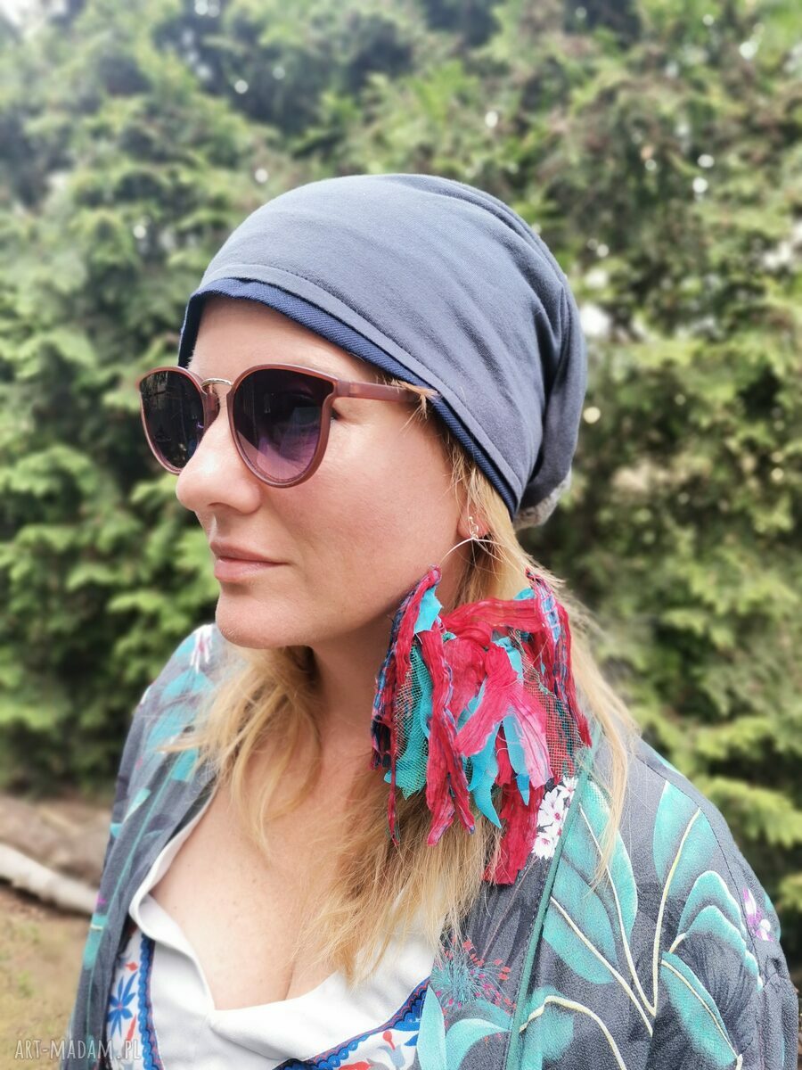 Czapka na podszewce A1 - wiosenna przejściówka boho etno ręcznie farbowana