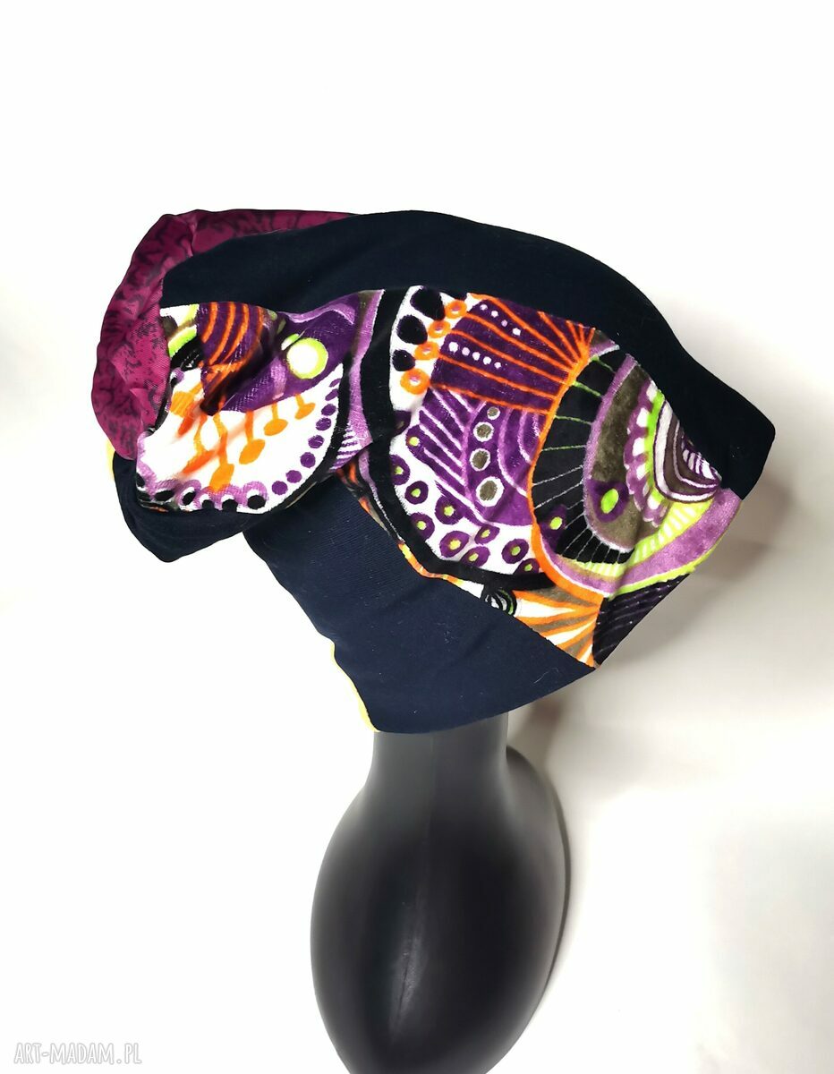 Czapka patchworkowa folk boho - na podszewce, rozmiar 59-69 cm