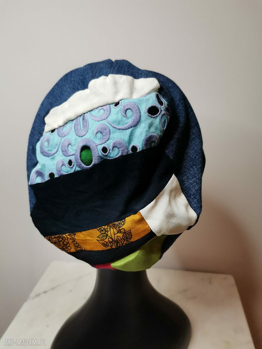 Czapka na podszewce z patchworkową górą - folk/Frida/boho z frędzlami (rozmiar uniwersalny)
