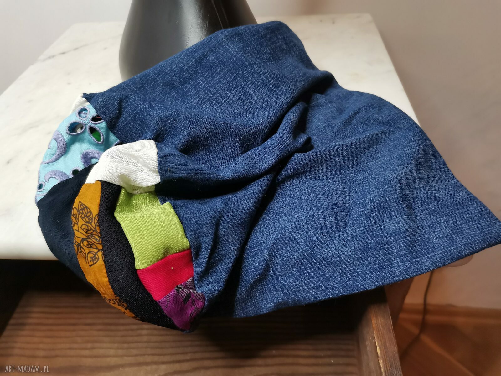 Czapka na podszewce z patchworkową górą - folk/Frida/boho z frędzlami (rozmiar uniwersalny)