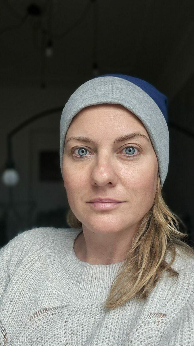 Czapka na podszewce szaro-niebieska damska boho folk - rozmiar M
