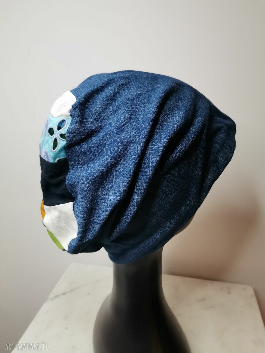 Czapka na podszewce z patchworkową górą - folk/Frida/boho z frędzlami (rozmiar uniwersalny)