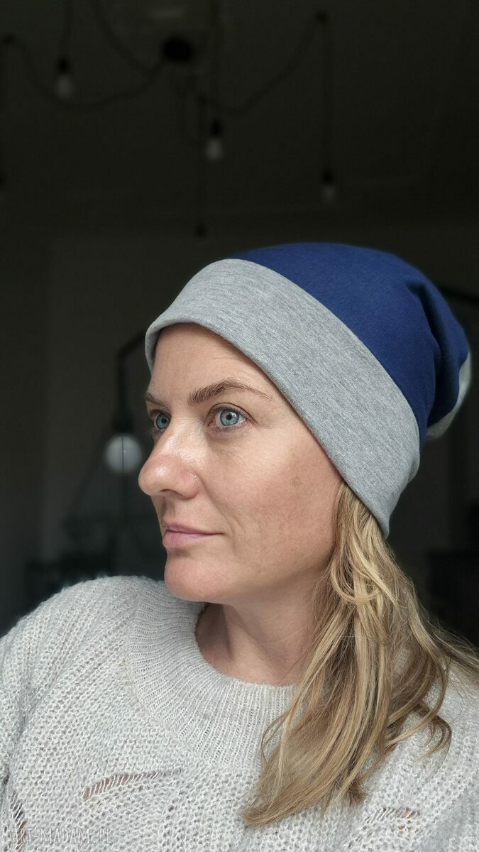 Czapka na podszewce szaro-niebieska damska boho folk - rozmiar M