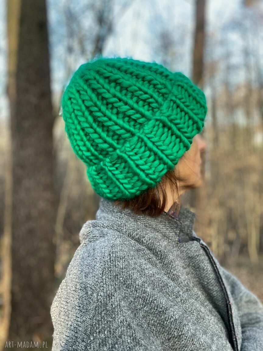 Czapka beanie chunky Kelly Green ręcznie robiona na drutach