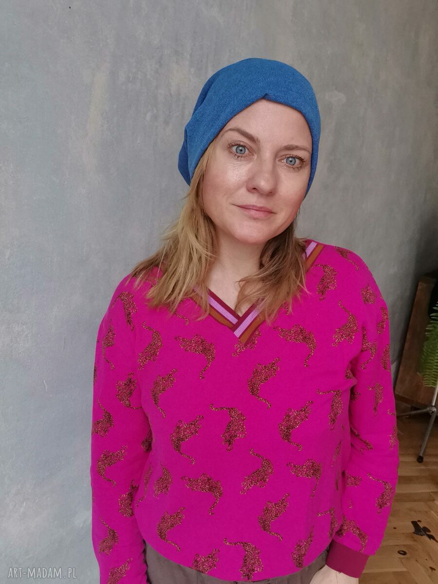 Czapka smerfetka boho etno na podszewce - Frida, kolor niebieski, unisex (rozmiar uniwersalny)