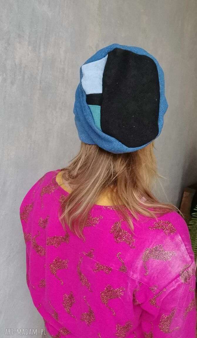 Czapka smerfetka boho etno na podszewce - Frida, kolor niebieski, unisex (rozmiar uniwersalny)