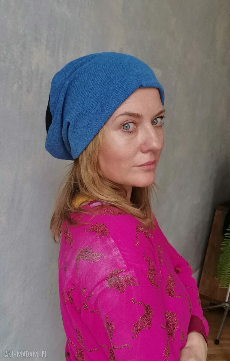 Czapka smerfetka boho etno na podszewce - Frida, kolor niebieski, unisex (rozmiar uniwersalny)