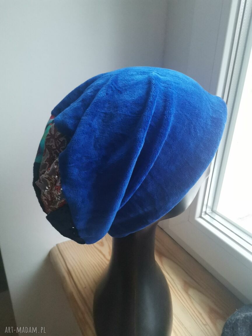 Niebieska czapka z koronką na podszewce - rozmiar uniwersalny (handmade)