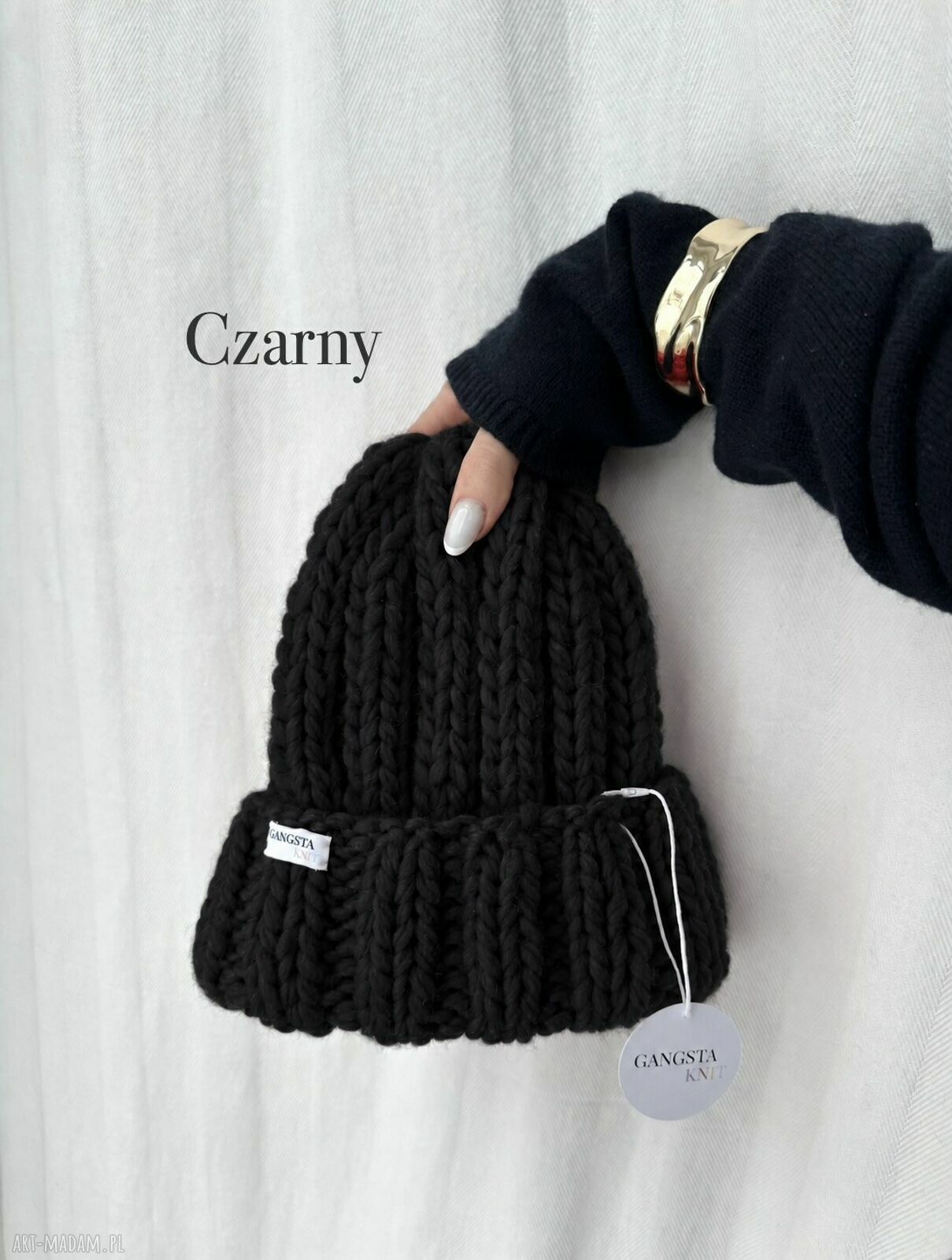 Czarna czapka Nordic z 100% wełny - ręcznie robiona