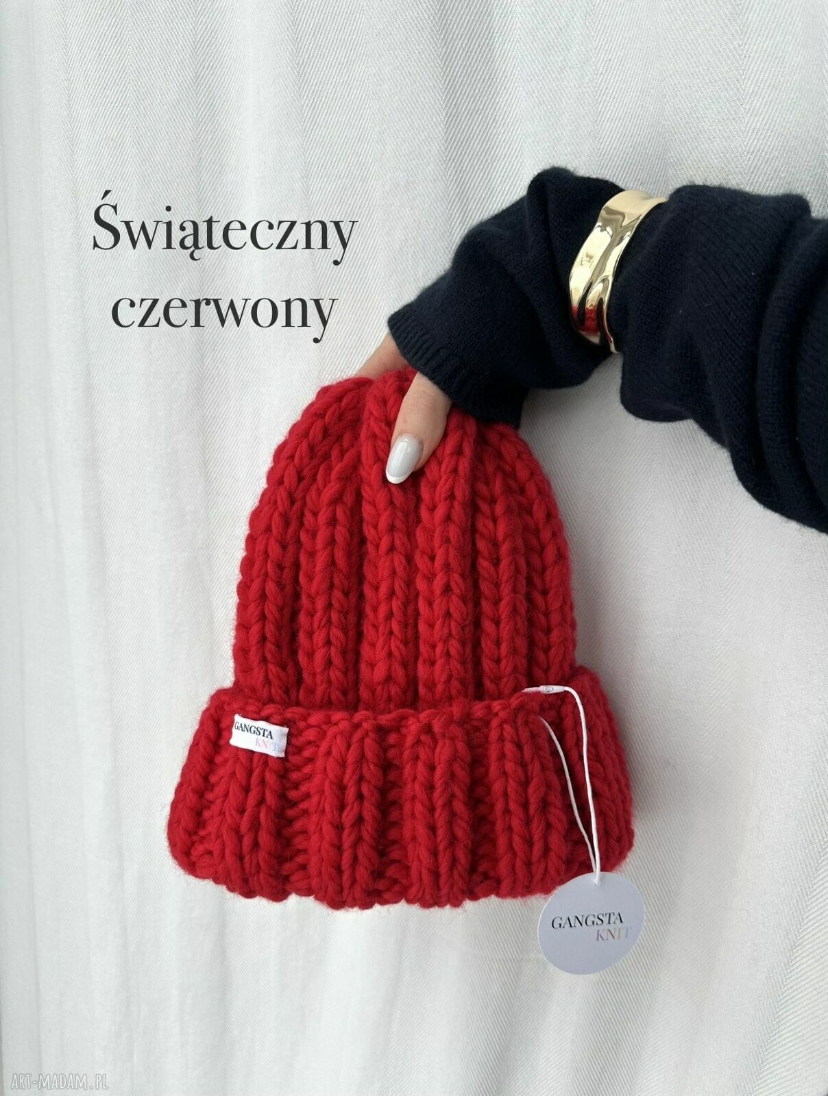 Czerwona czapka Nordic z 100% wełny - handmade