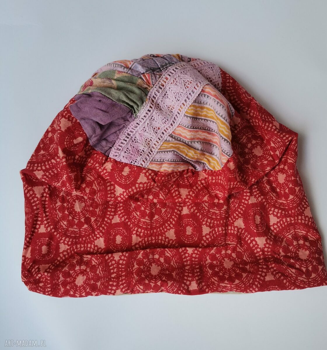 Kolorowa czapka boho na podszewce - obwód ok. 57 cm