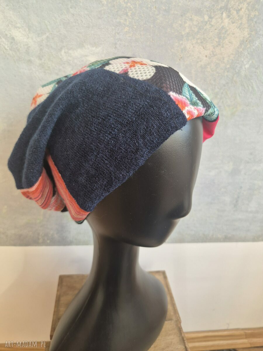 Wiosenna czapka patchworkowa boho na podszewce - Smerfetka (uniwersalna)