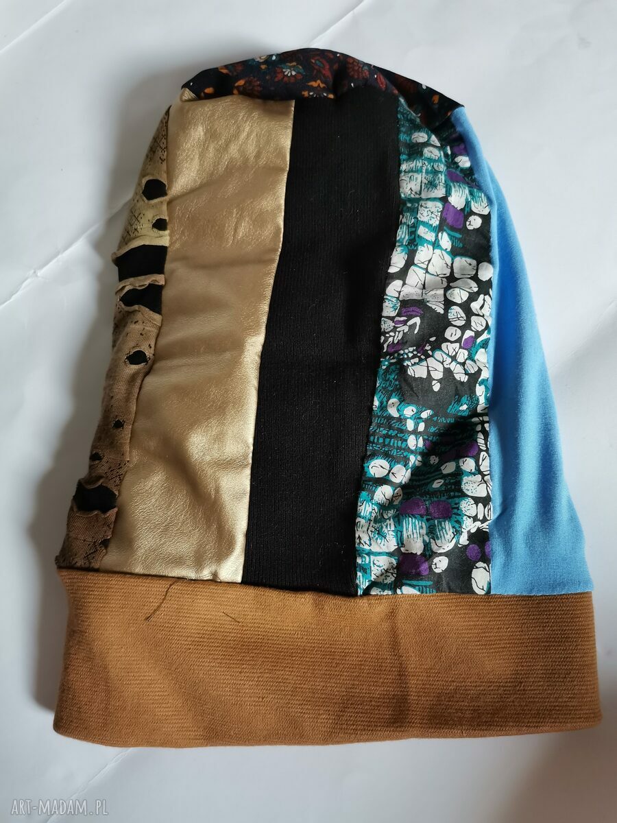 Czapka patchworkowa Smerfetka z podszewką - turbanowe marszczenie (57-59 cm)