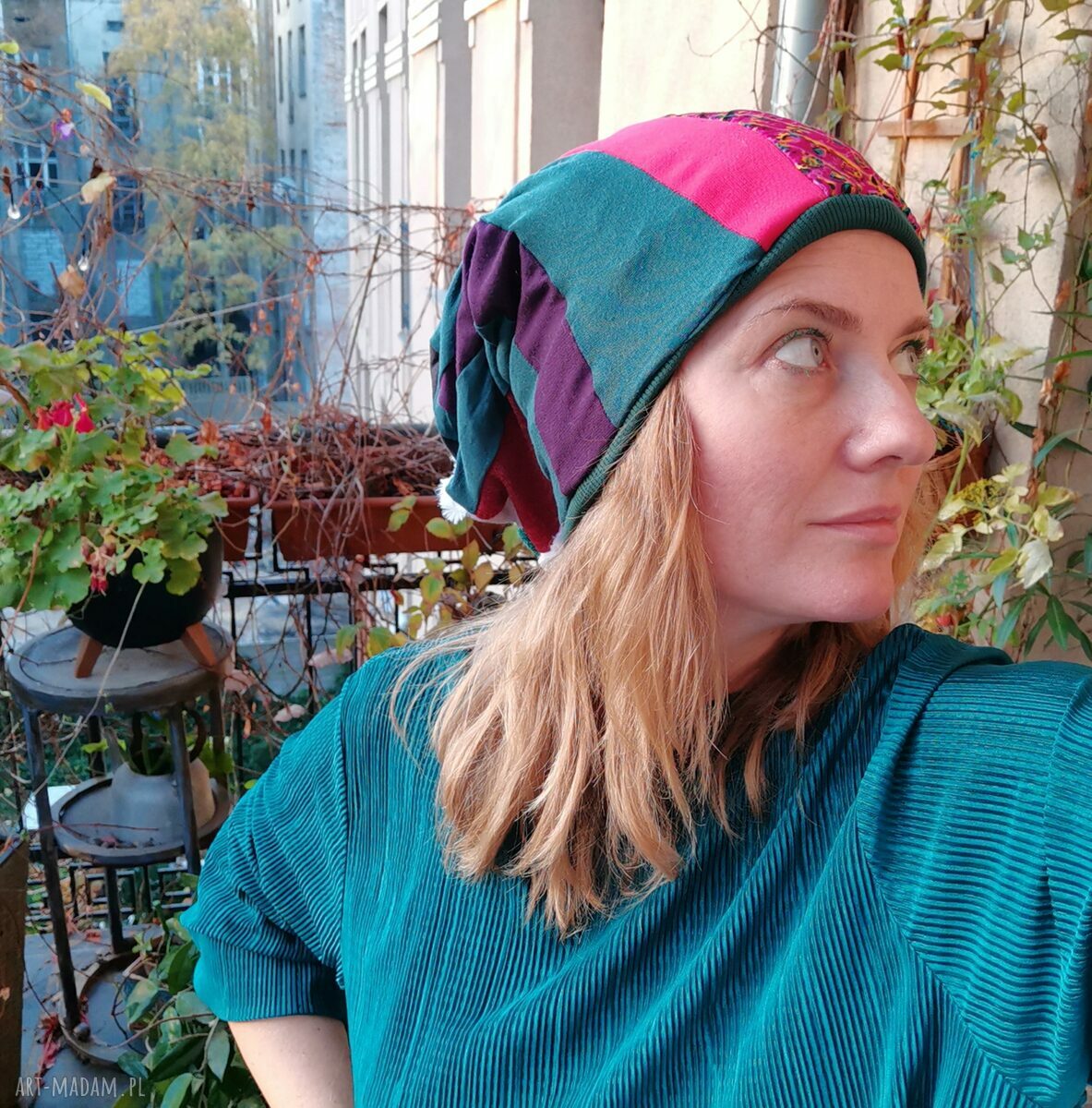 Kolorowa czapka patchworkowa Smerfetka folk boho na podszewce - one size