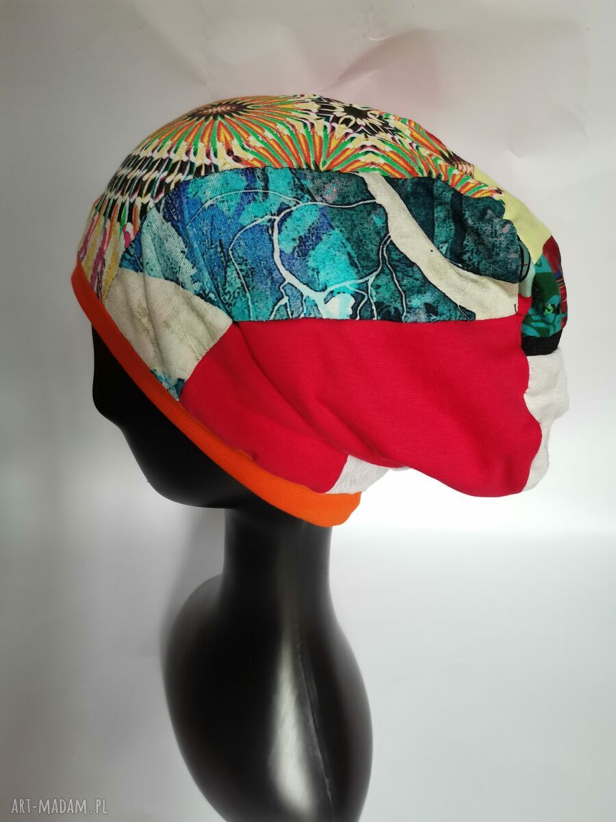 Czapka patchworkowa Smerfetka boho - Frida rower, frędzle, uniwersalna (na podszewce)