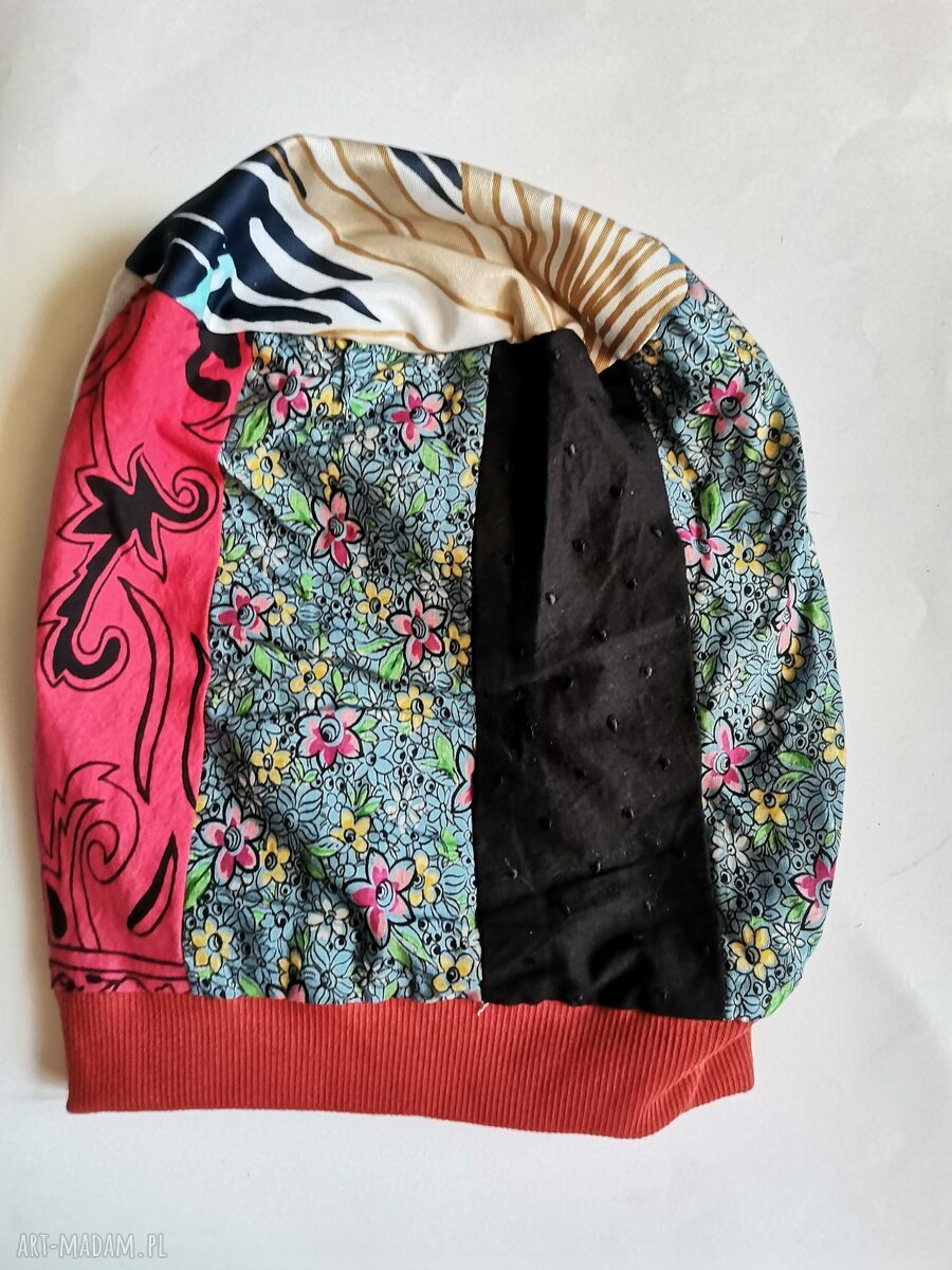Czapka patchworkowa damska na podszewce - folk boho, rozmiar uniwersalny