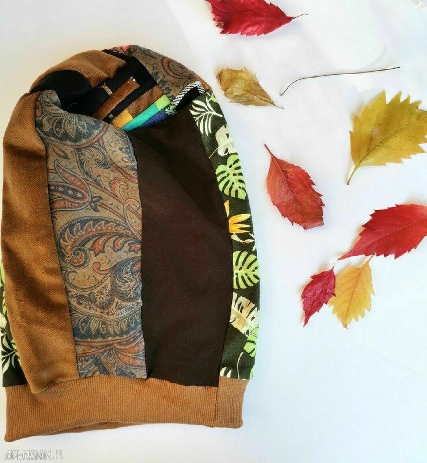 Czapka patchworkowa na podszewce - rozmiar uniwersalny w klimacie boho i folk
