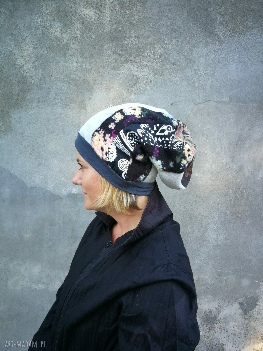 Czapka patchworkowa Smerfetka na podszewce - boho wiosenna w turbanowym stylu