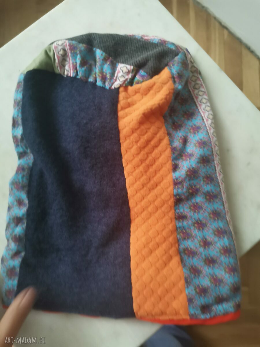 Czapka patchworkowa Smerfetka Frida - boho frędzle