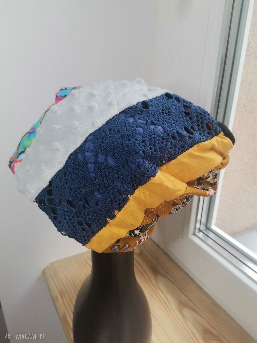Czapka patchworkowa Boho Etno-Folk z motywem roweru na podszewce - rozmiar uniwersalny
