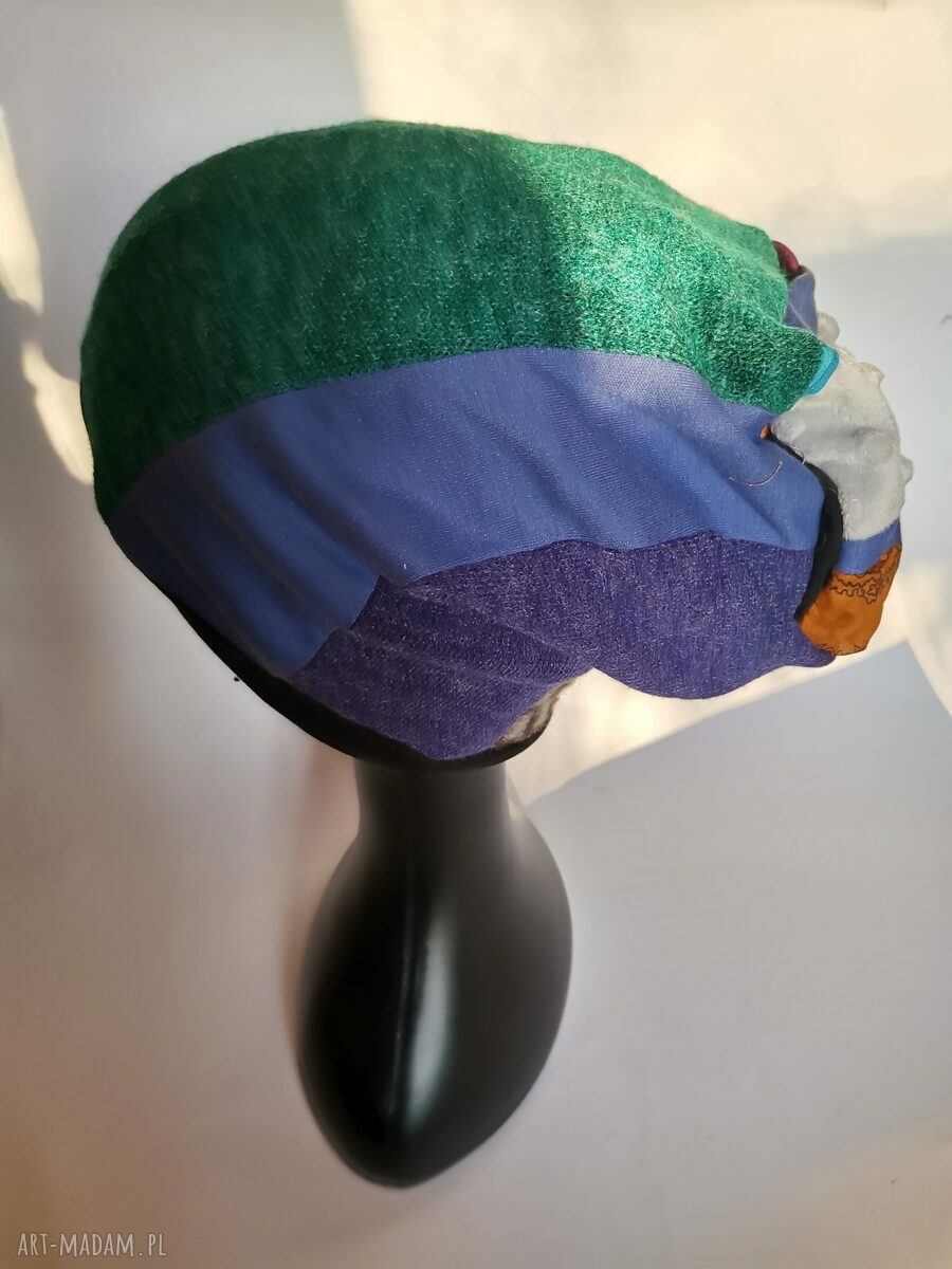 Czapka patchworkowa boho Frida z frędzlami - na podszewce, rozmiar uniwersalny