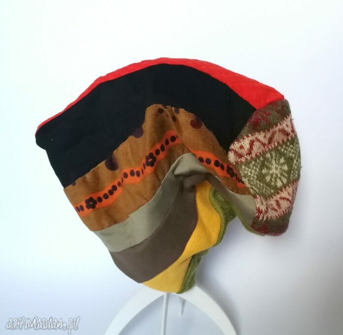 Czapka patchworkowa Boho z wełny - długa na podszewce (59-61 cm)