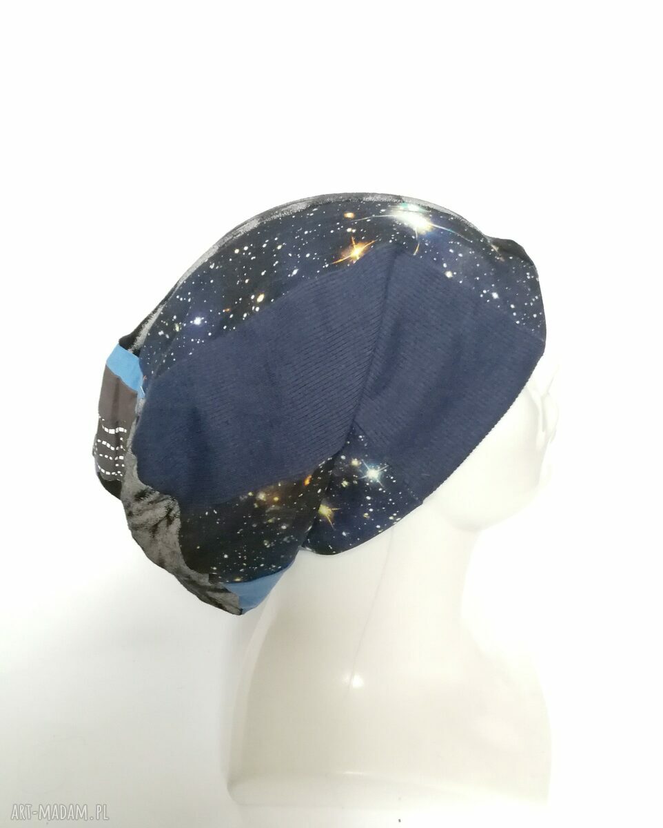 Czapka patchworkowa Smerfetka na podszewce - kosmos etno, boho handmade (rozmiar uniwersalny)