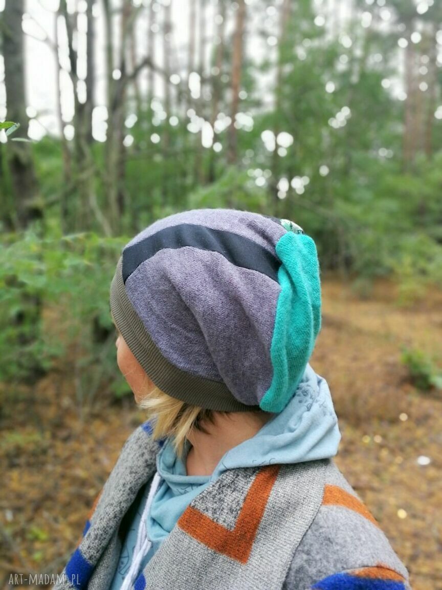 Kolorowa czapka boho etno Smerfetka patchworkowa na podszewce - rozmiar uniwersalny