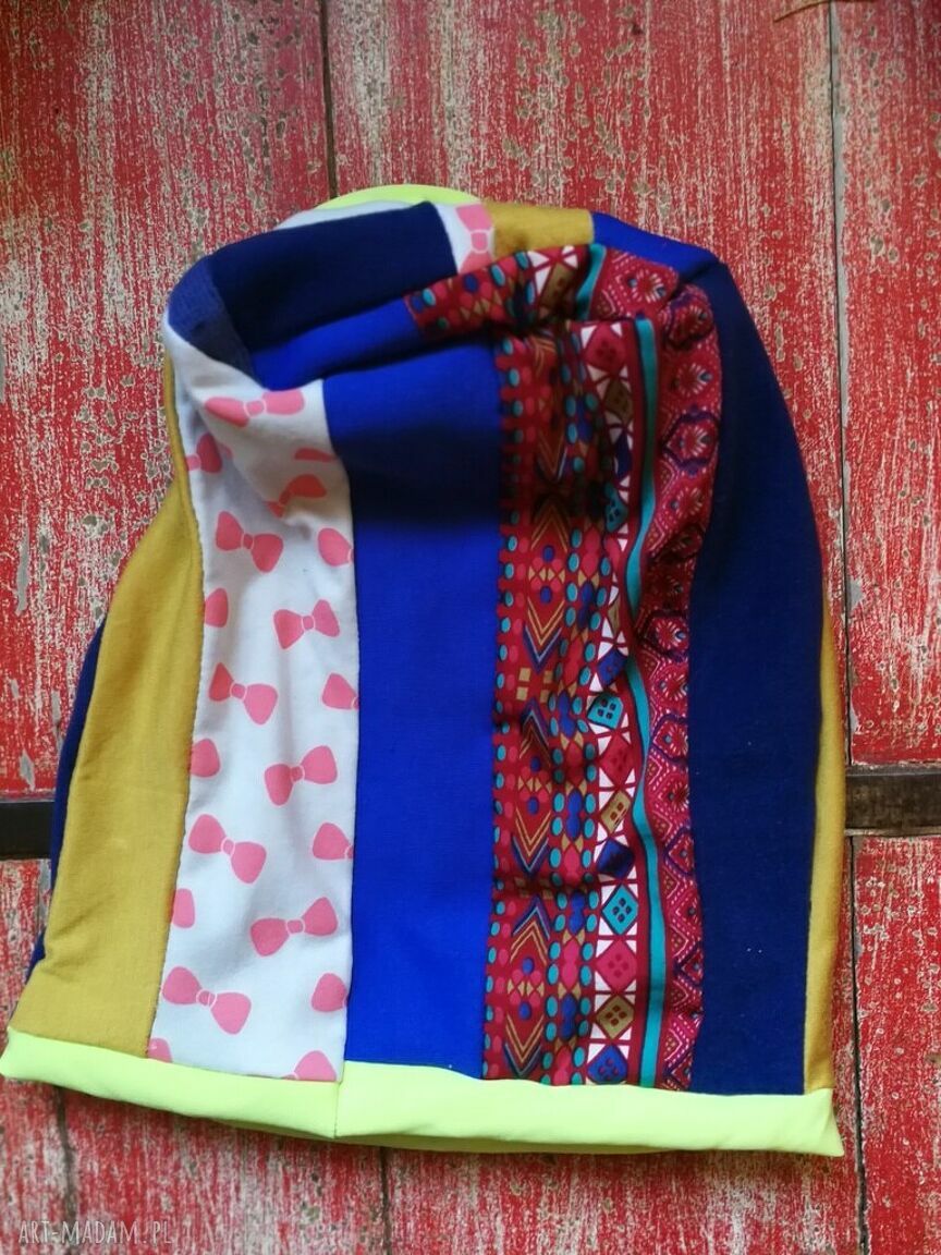 Czapka patchworkowa damska Smerfetka na podszewce - wiosna i jesień, rozmiar 58-59 cm