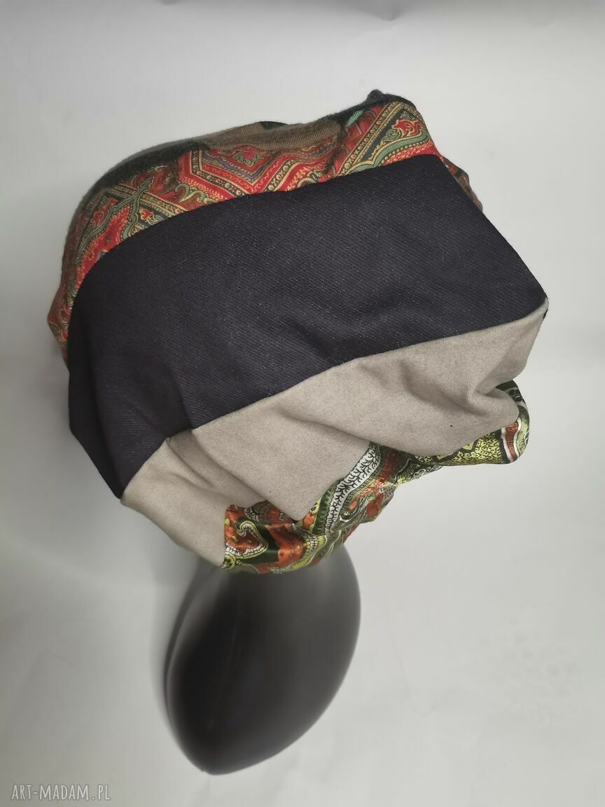 Czapka patchworkowa Smerfetka - kolorowa damska boho etno, uniwersalna na podszewce