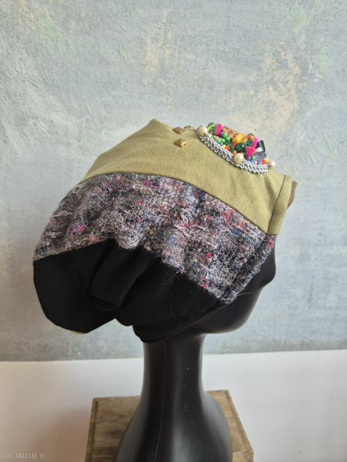 Czapka patchworkowa Smerfetka - boho folk na podszewce, wiosenna i uniwersalna