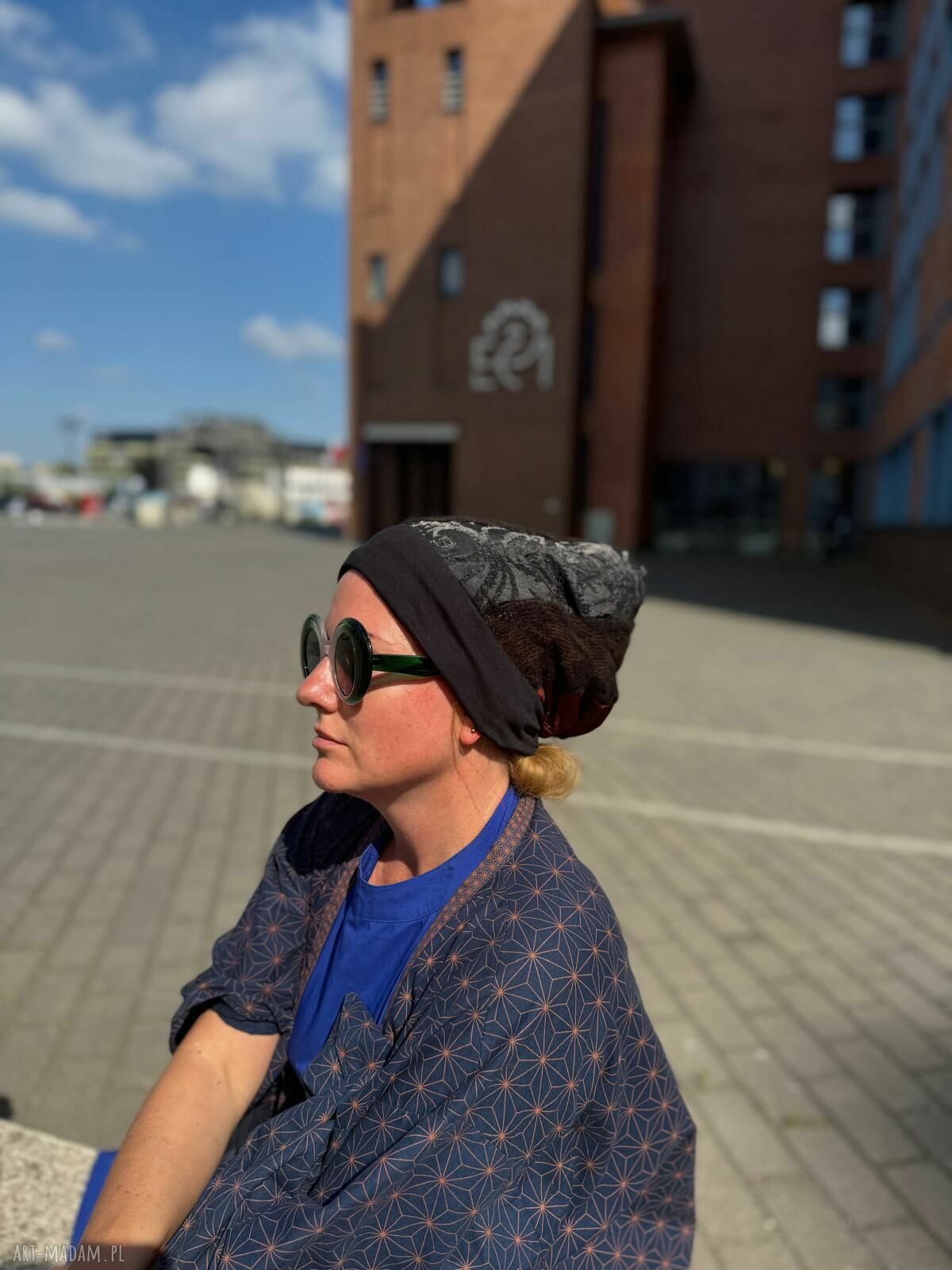 Czapka patchworkowa w kolorach ziemi - rozmiar uniwersalny na podszewce