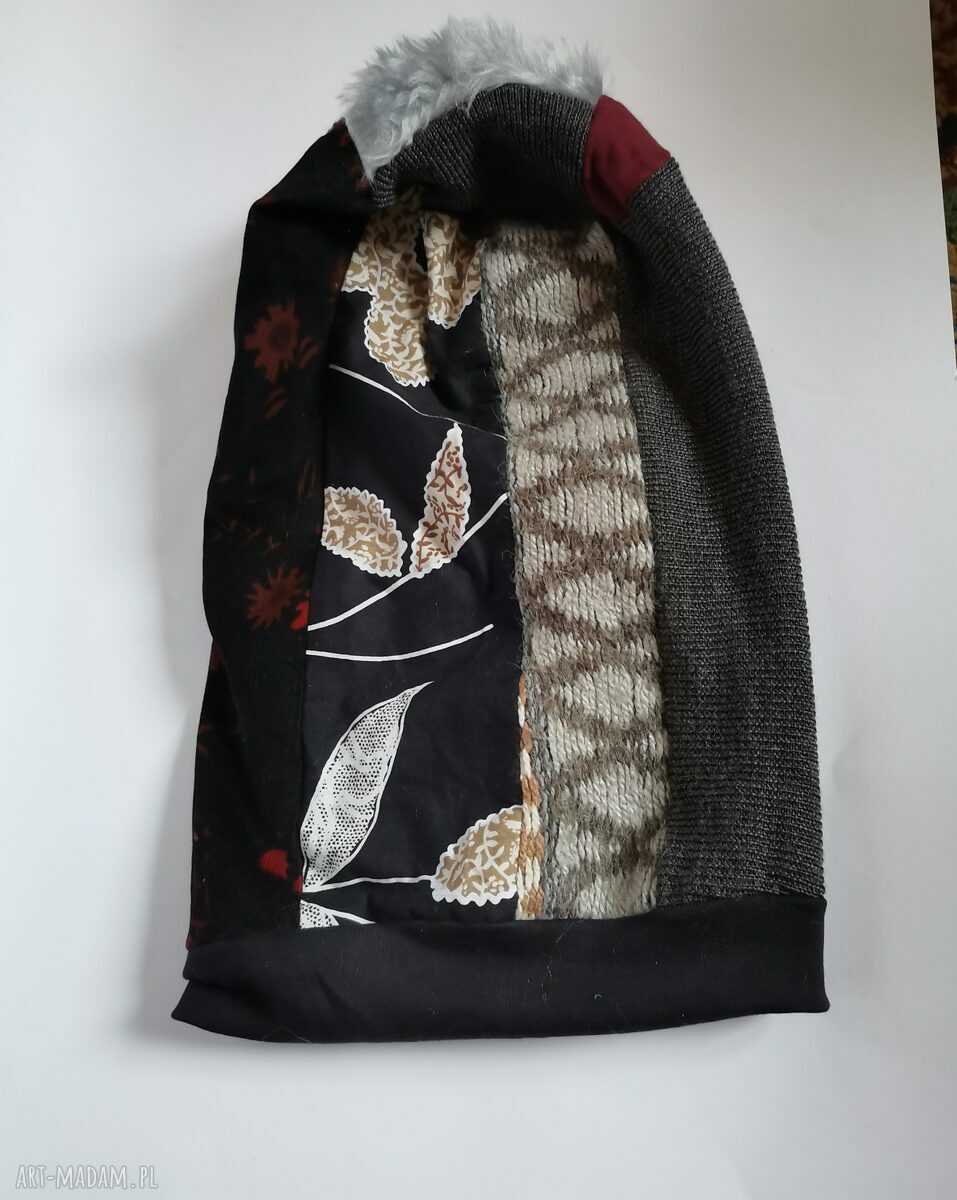Długa czapka patchworkowa Smerfetka etno na podszewce - rozmiar 58-59 cm