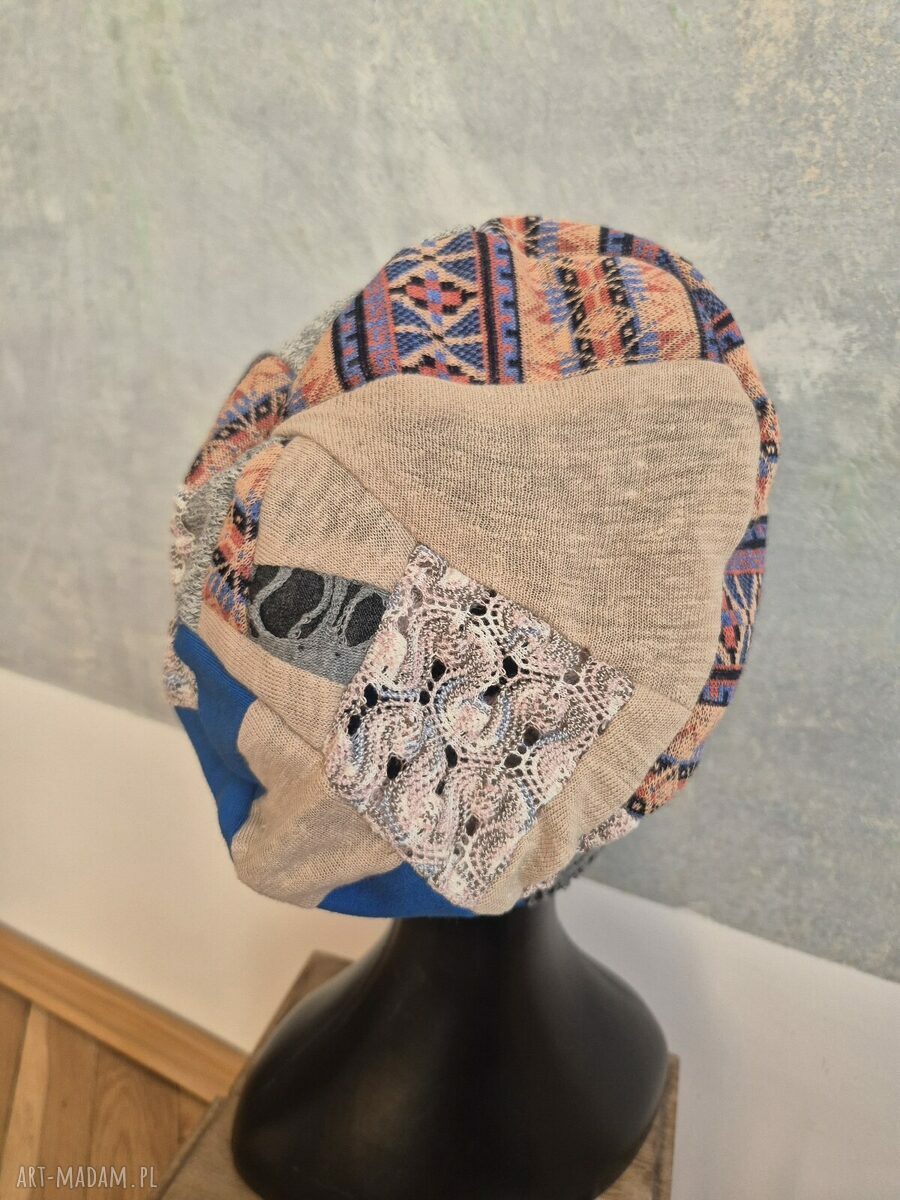Czapka patchworkowa Boho z koronką na podszewce - rozmiar uniwersalny