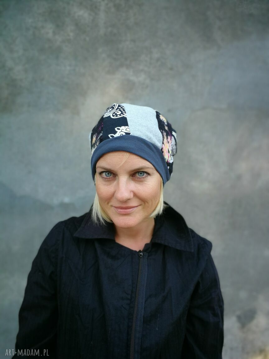 Czapka patchworkowa Smerfetka na podszewce - boho wiosenna w turbanowym stylu