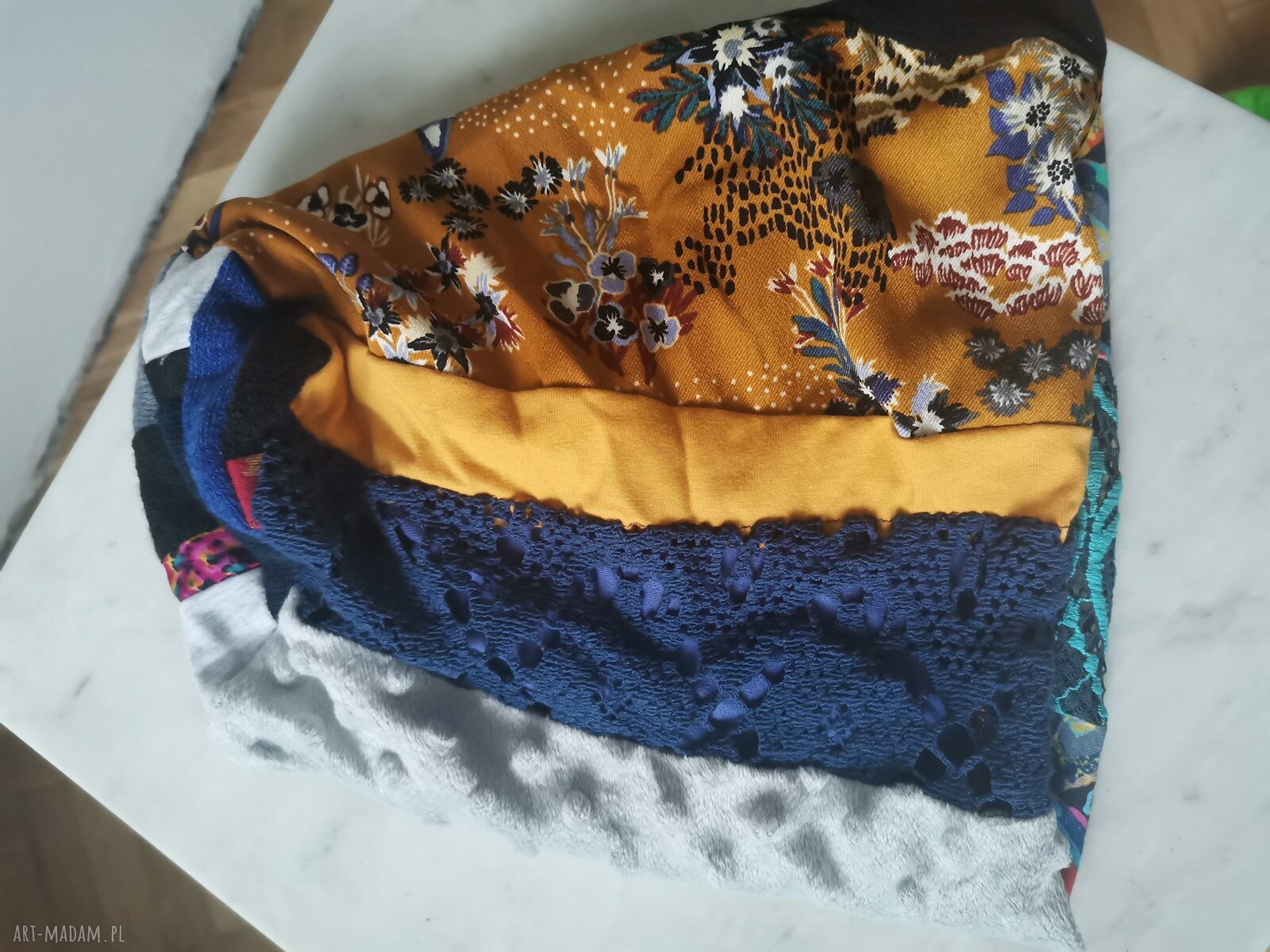 Czapka patchworkowa Boho Etno-Folk z motywem roweru na podszewce - rozmiar uniwersalny