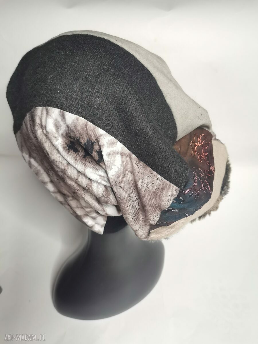 Kolorowa czapka patchworkowa Smerfetka na podszewce - ręcznie szyta w stylu boho