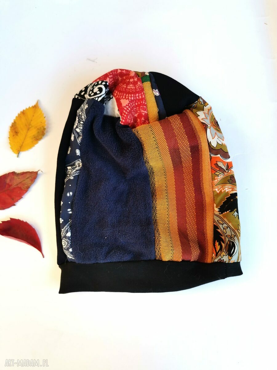 Czapka patchworkowa boho dla kobiet - folkowe wzory na podszewce (rozmiar uniwersalny)