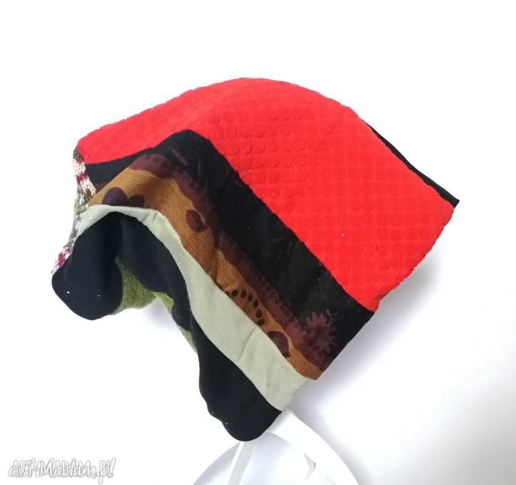 Czapka patchworkowa Boho z wełny - długa na podszewce (59-61 cm)
