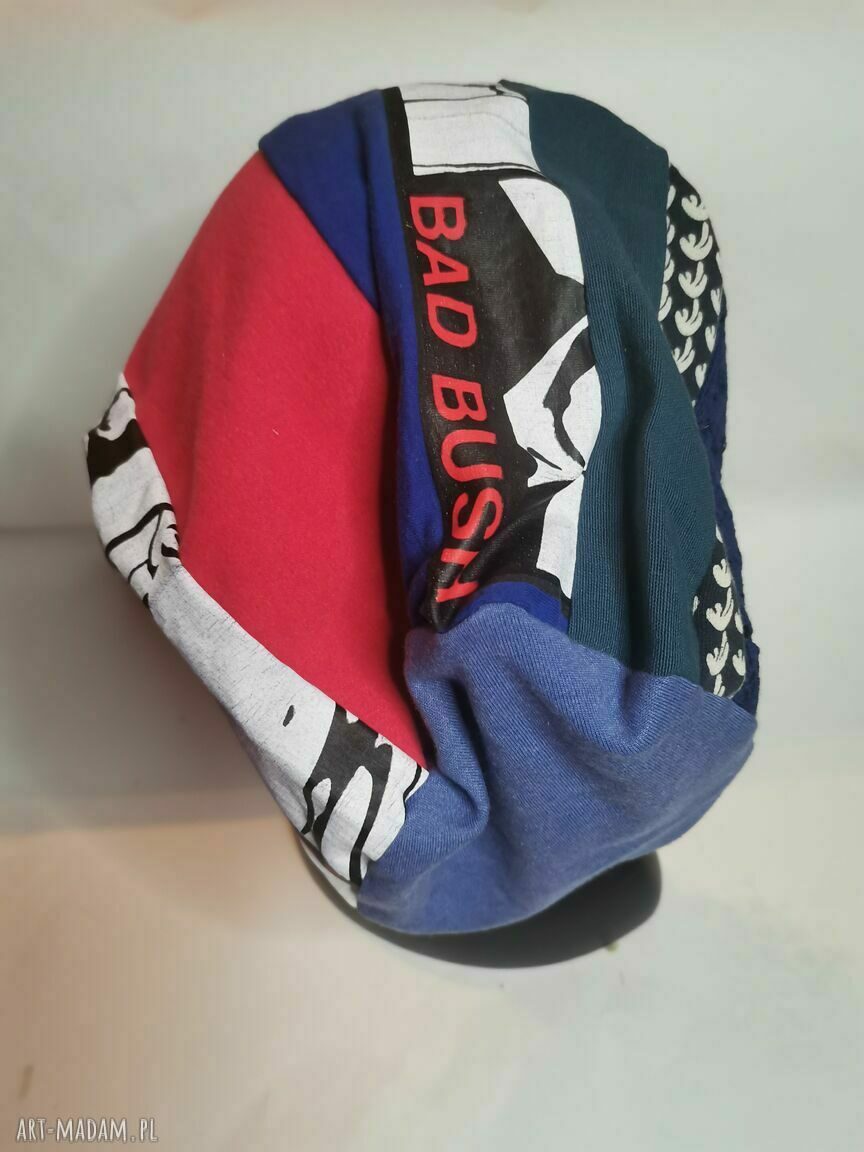 Czapka patchworkowa boho „Smerfetka” z koronką i podszewką - unikatowa