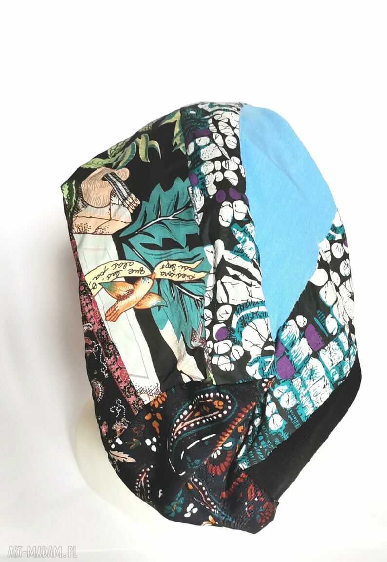 Czapka patchworkowa Smerfetka z podszewką - turbanowe marszczenie (57-59 cm)