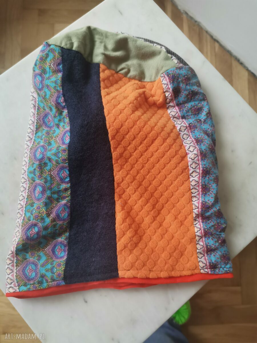 Czapka patchworkowa Smerfetka Frida - boho frędzle