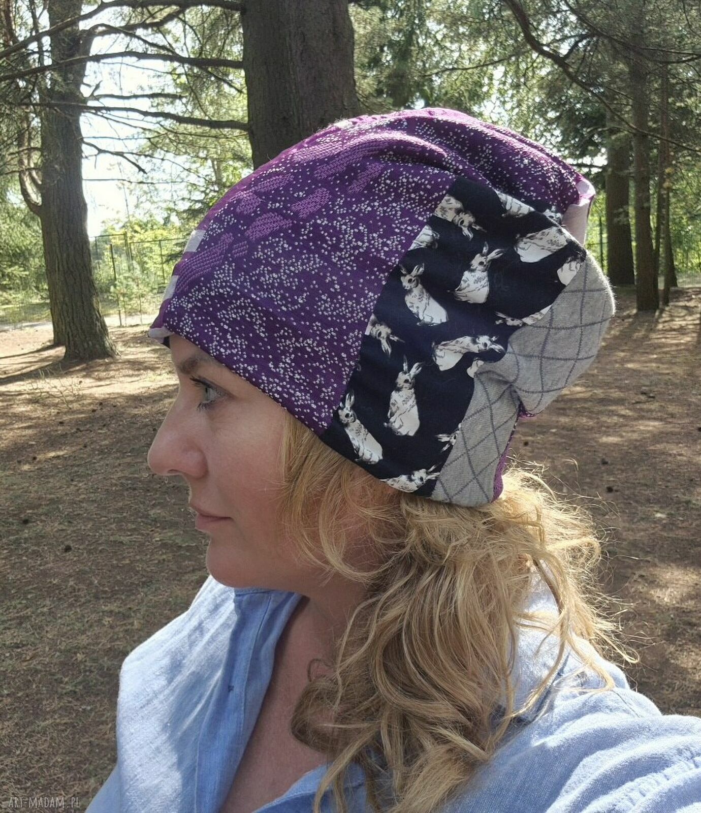 Czapka patchworkowa z królikiem folk etno boho - rozmiar M