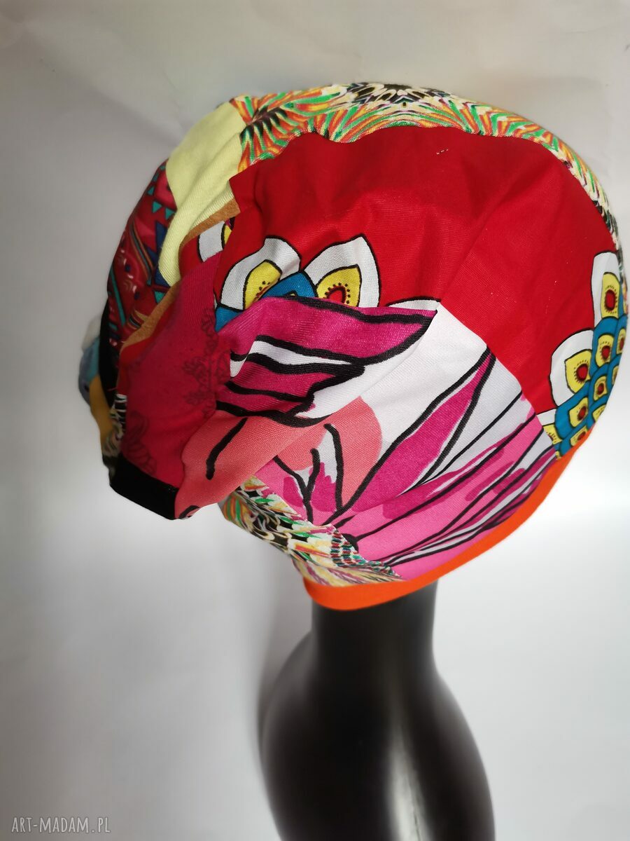 Czapka patchworkowa Smerfetka boho - Frida rower, frędzle, uniwersalna (na podszewce)
