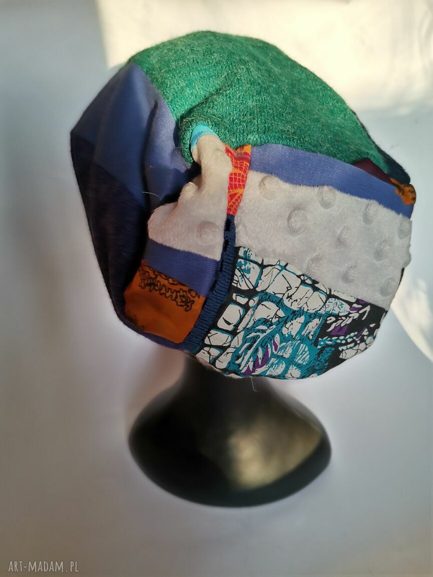 Czapka patchworkowa boho Frida z frędzlami - na podszewce, rozmiar uniwersalny