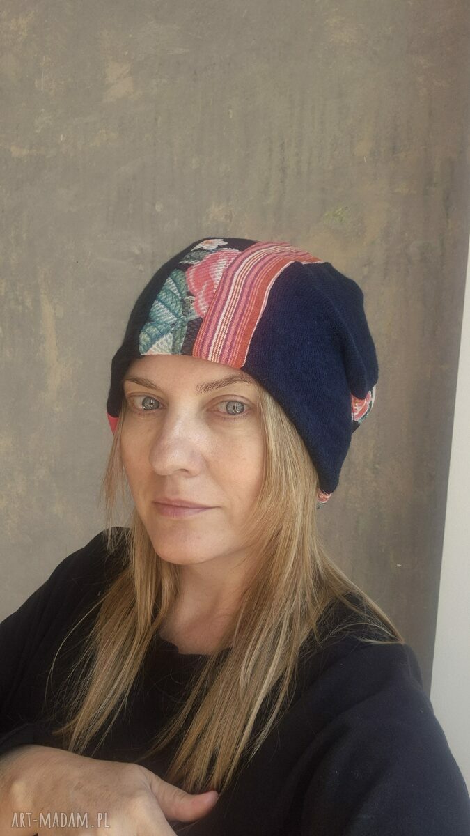 Wiosenna czapka patchworkowa boho na podszewce - Smerfetka (uniwersalna)