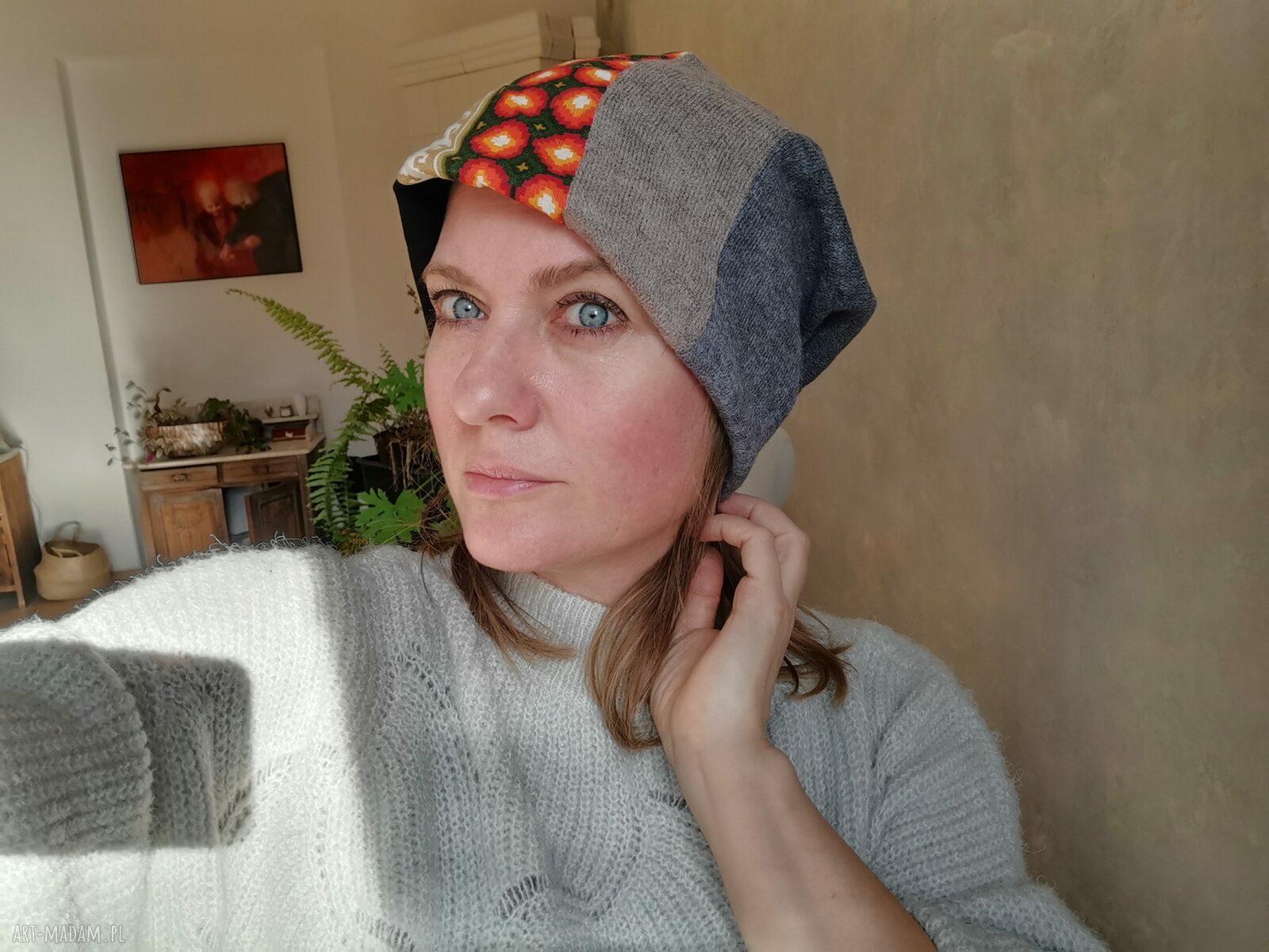 Czapka patchworkowa na podszewce - rozmiar uniwersalny w grochy