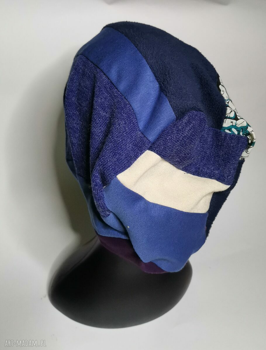 Czapka patchworkowa folk boho z frędzlami - na podszewce, rozmiar uniwersalny