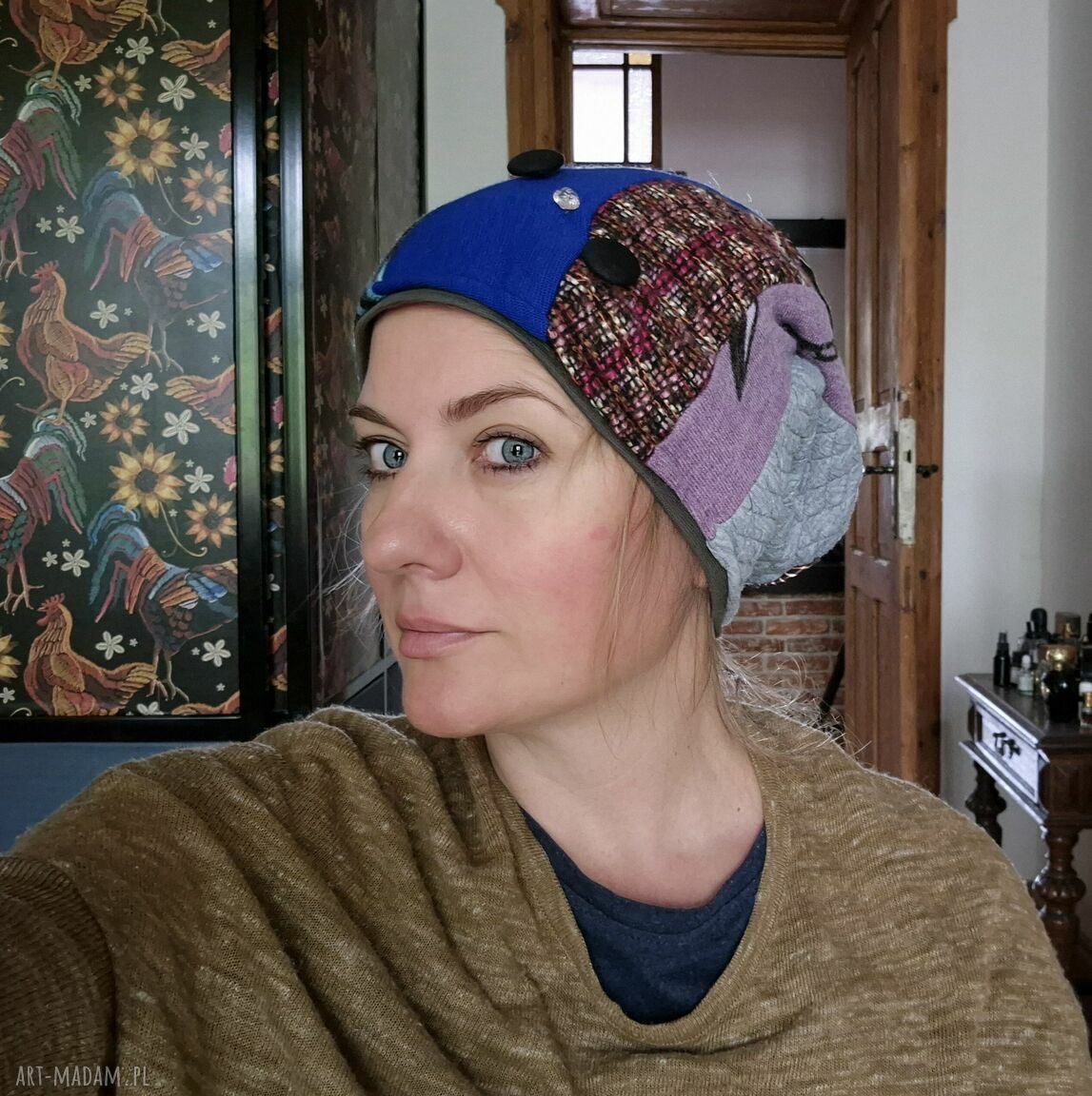 Miękka czapka patchworkowa na podszewce - boho na co dzień